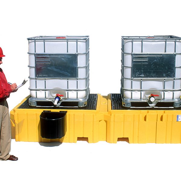 Twin IBC Spill Pallet With 1 left side bucket shelf, No Drain